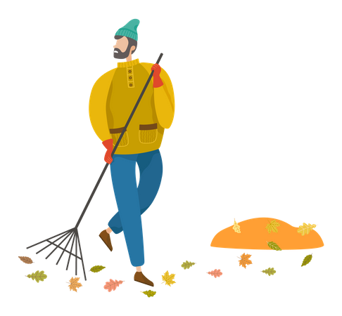 Homme balayant les feuilles mortes en automne  Illustration