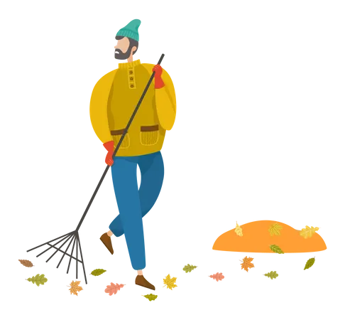 Homme balayant les feuilles mortes en automne  Illustration