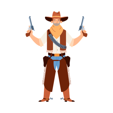 Homme du Far West bandit cow-boy avec chapeau et masque tenant une arme de poing  Illustration