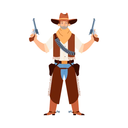 Homme du Far West bandit cow-boy avec chapeau et masque tenant une arme de poing  Illustration