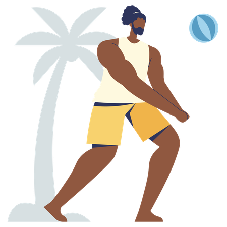 Homme barbu jouant au volley-ball à la plage  Illustration