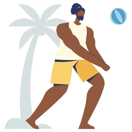 Homme barbu jouant au volley-ball à la plage  Illustration