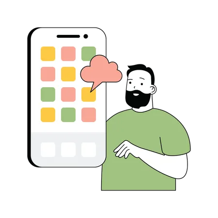 Homme barbu montrant l'application cloud sur smartphone  Illustration