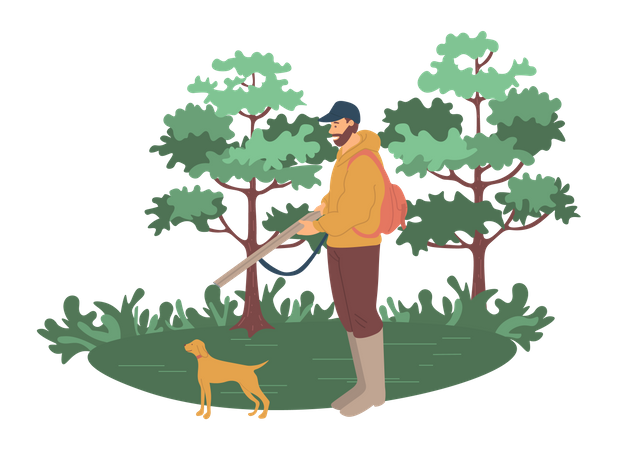 Homme barbu partant à la chasse en forêt  Illustration