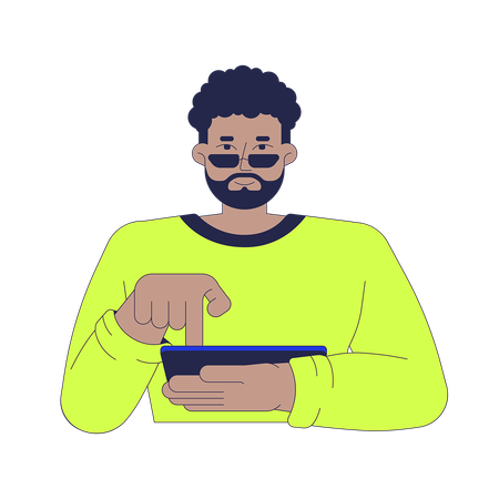 Homme barbu afro-américain tapant sur une tablette tactile  Illustration