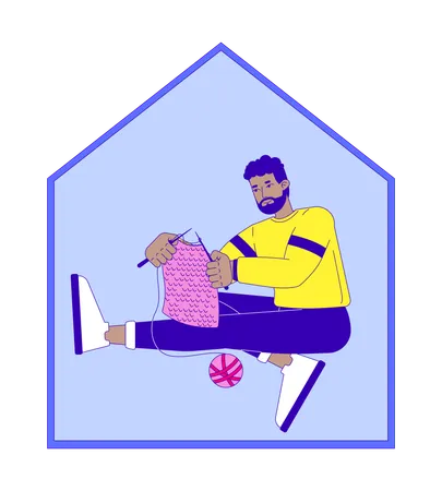 Homme afro-américain barbu tricotant à la maison  Illustration