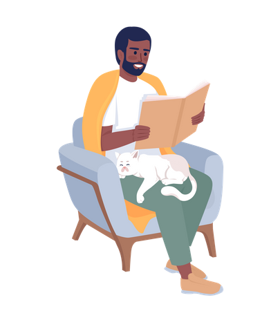 Homme barbu appréciant le livre avec un chat mignon sur les genoux  Illustration