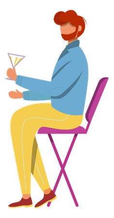 Homme barbu avec cocktail assis sur une chaise  Illustration