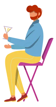 Homme barbu avec cocktail assis sur une chaise  Illustration