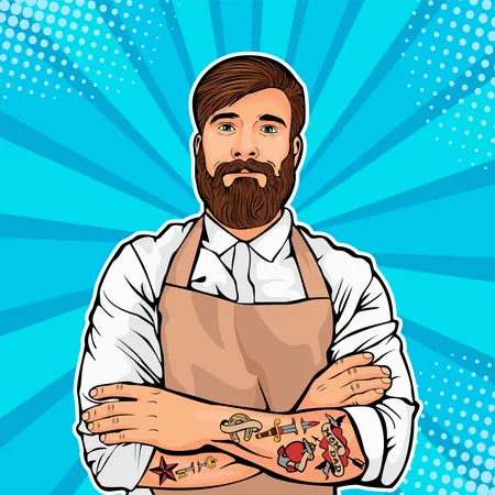 Homme barbu avec tatouage sur les bras illustration vectorielle dans un style pop art comique  Illustration