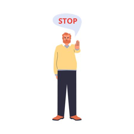 Un homme barbu sérieux et décisif montre le panneau STOP avec un geste de la main  Illustration