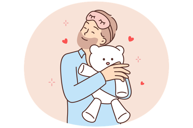Un homme barbu drôle serre un ours en peluche dans ses bras avant d'aller au lit et se sent attaché au jouet cadeau  Illustration