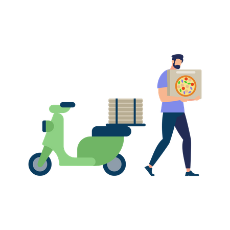 Homme barbu portant une chemise bleue transportant une boîte à pizza pour la livraison  Illustration