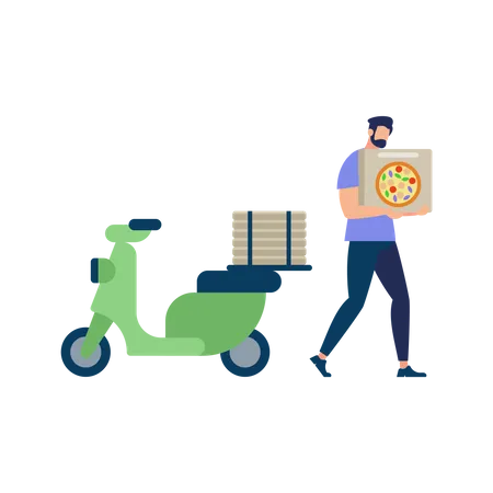 Homme barbu portant une chemise bleue transportant une boîte à pizza pour la livraison  Illustration