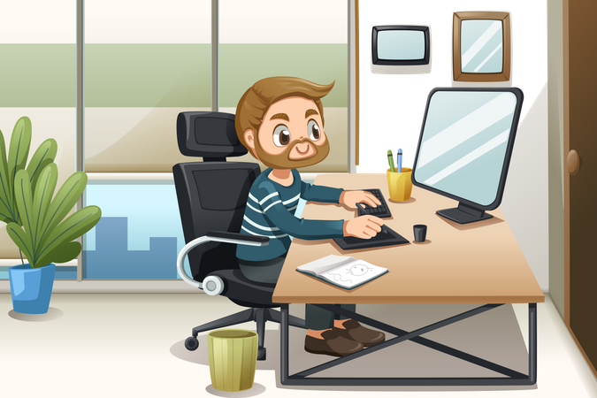 Homme barbu travaillant au bureau  Illustration