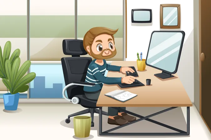 Homme barbu travaillant au bureau  Illustration