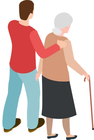 Homme bénévole aidant une dame âgée  Illustration