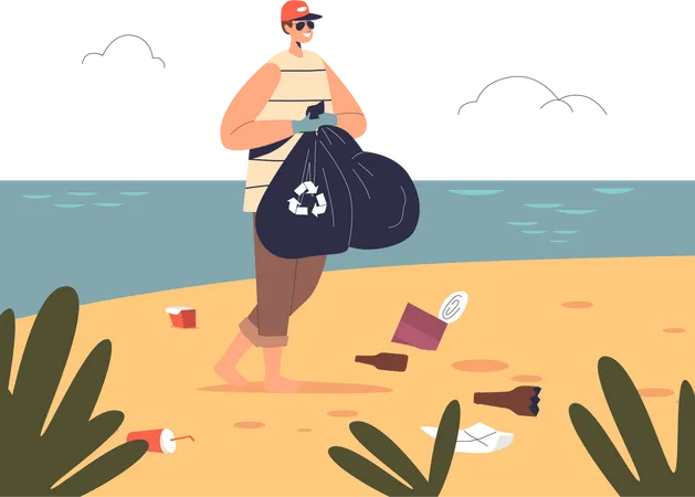 Un homme bénévole tient un sac avec des ordures après avoir nettoyé la plage  Illustration