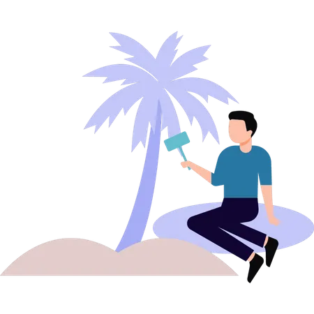 Homme bloguant sur la plage  Illustration