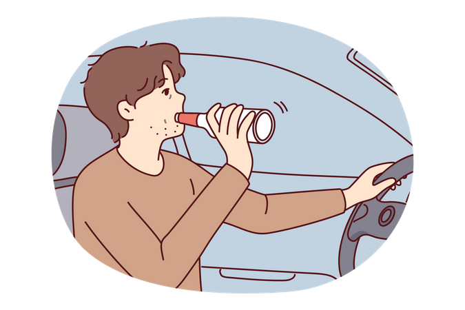 Homme buvant de l’alcool et conduisant une voiture  Illustration