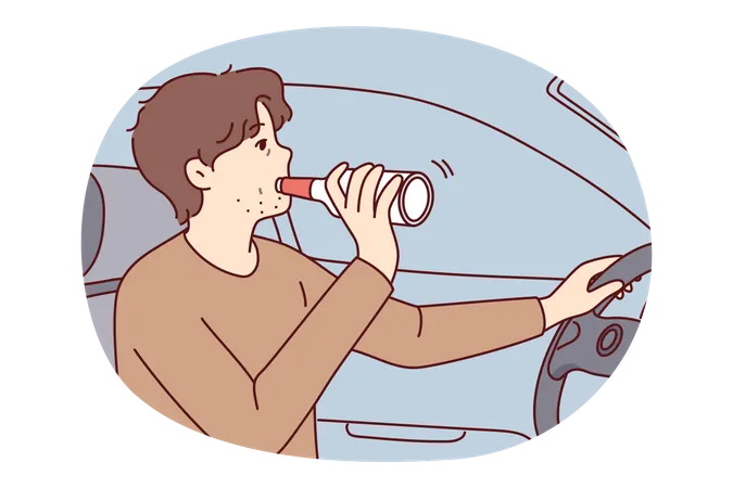 Homme buvant de l’alcool et conduisant une voiture  Illustration