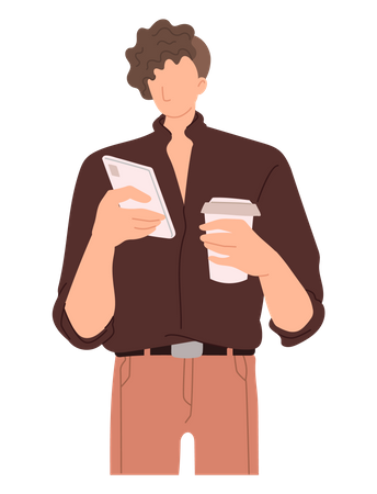 Homme buvant du café avec un mobile  Illustration