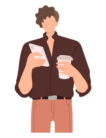 Homme buvant du café avec un mobile  Illustration