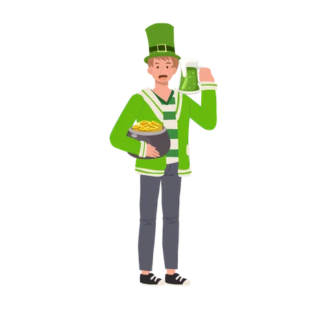 Homme buvant un verre de bière avec un pot en or  Illustration