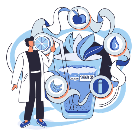 Un homme boit une boisson vitaminée biologique et saine à base de plantes, de noix végétaliennes et de lait  Illustration