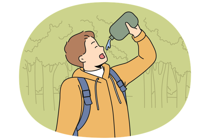Un homme boit de l'eau lors d'une randonnée en forêt, ayant soif après une longue marche dans une zone sauvage avec des arbres  Illustration