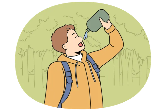 Un homme boit de l'eau lors d'une randonnée en forêt, ayant soif après une longue marche dans une zone sauvage avec des arbres  Illustration
