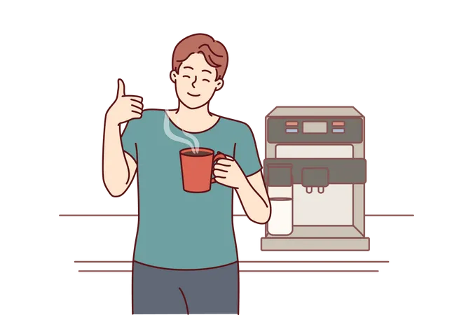 L'homme boit du café dans une tasse près de la machine pour préparer un délicieux expresso et montre le pouce levé  Illustration