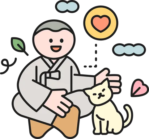 Homme bouddhiste avec chat  Illustration