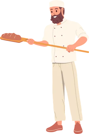 Homme boulanger en uniforme tenant une pelle en bois avec du pain frais  Illustration