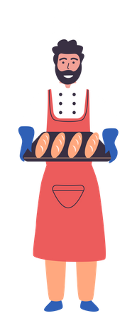 Homme boulanger tenant un plateau à pain  Illustration