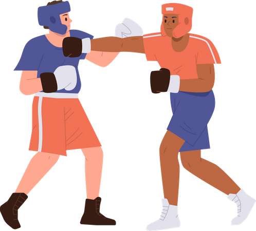 Boxe homme portant des gants, un casque de protection avec un partenaire d'entraînement se battant les uns contre les autres  Illustration
