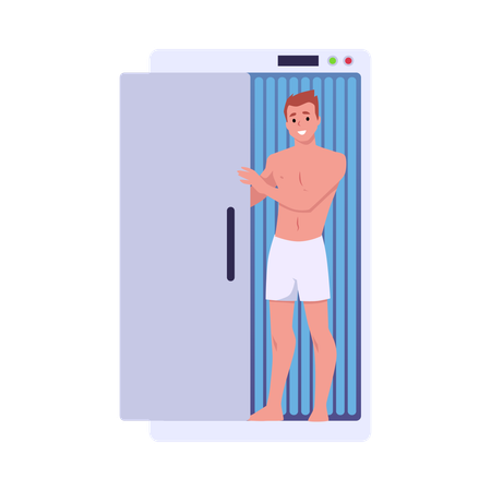 Un homme se fait bronzer dans un solarium vertical  Illustration