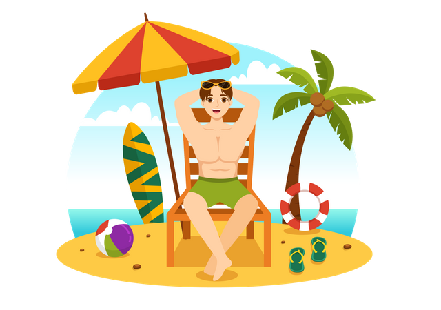 Homme en train de bronzer sur la plage  Illustration