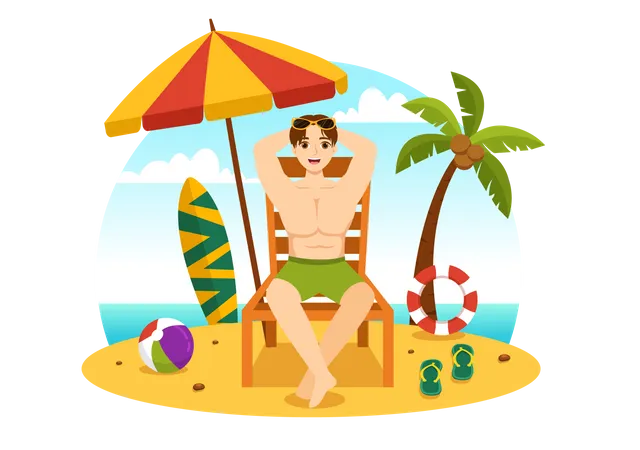 Homme en train de bronzer sur la plage  Illustration