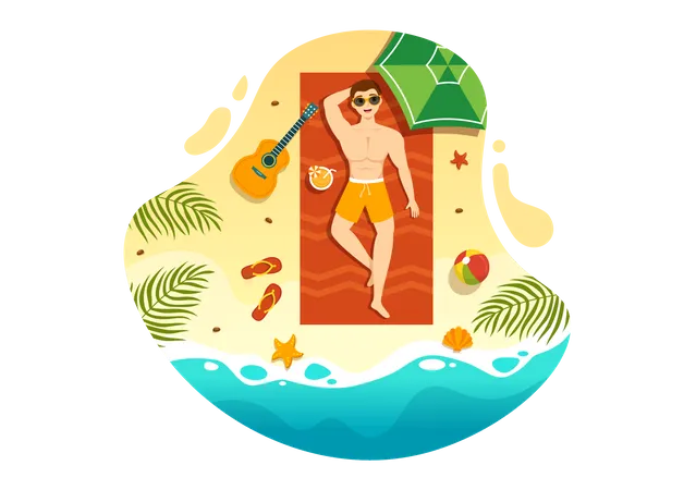 Homme en train de bronzer sur la plage  Illustration