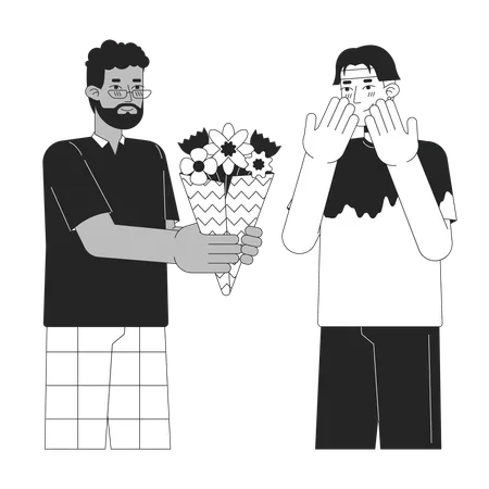 Homme offrant un bouquet de fleurs à un amant masculin  Illustration