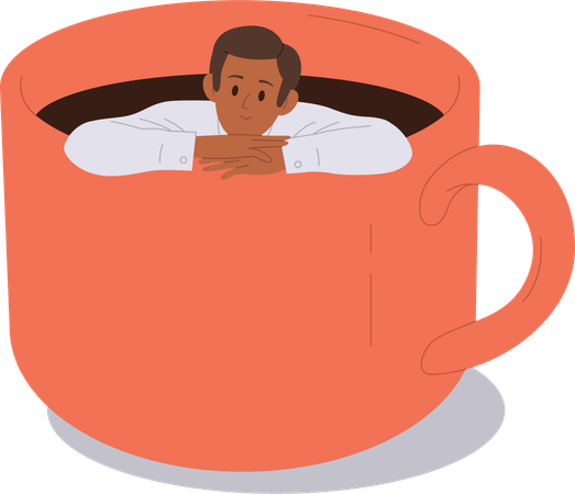 Homme drôle de café dans une tasse géante avec une boisson aromatique  Illustration