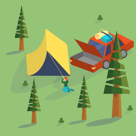 Un campeur installe une tente dans le parc  Illustration