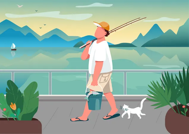 Canne à pêche homme au bord de l'eau  Illustration