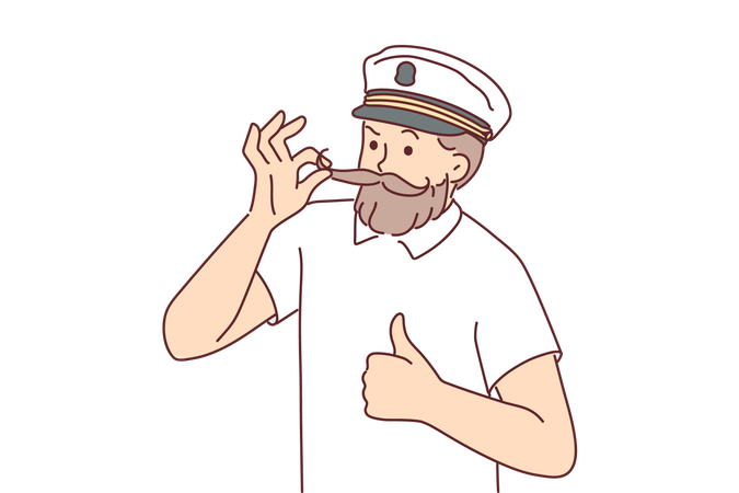 Le capitaine d'un bateau de croisière corrige sa moustache et lève le pouce  Illustration