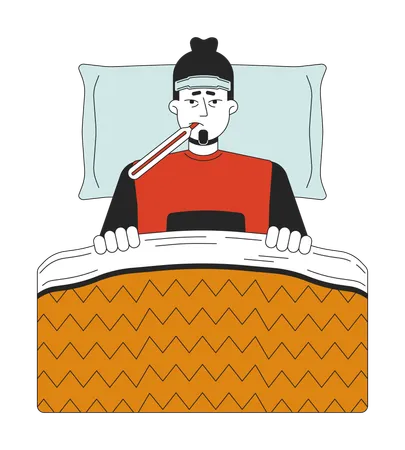 Homme caucasien malade et froid, couché dans son lit  Illustration