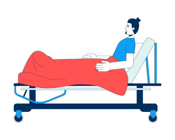 Patient caucasien allongé sur un lit d'hôpital avec une couverture  Illustration