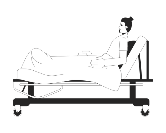 Patient caucasien allongé sur un lit d'hôpital avec une couverture  Illustration