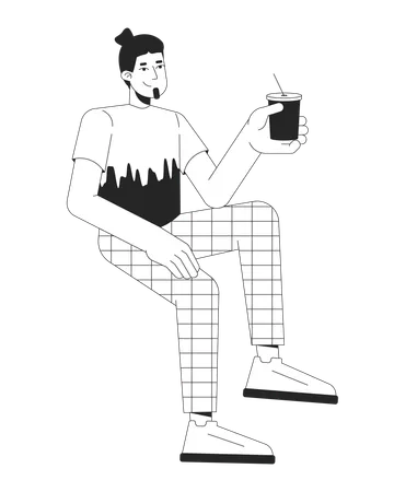 Homme caucasien souriant se reposant avec une boisson  Illustration