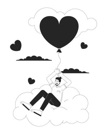 Homme caucasien volant avec un ballon dans les nuages  Illustration
